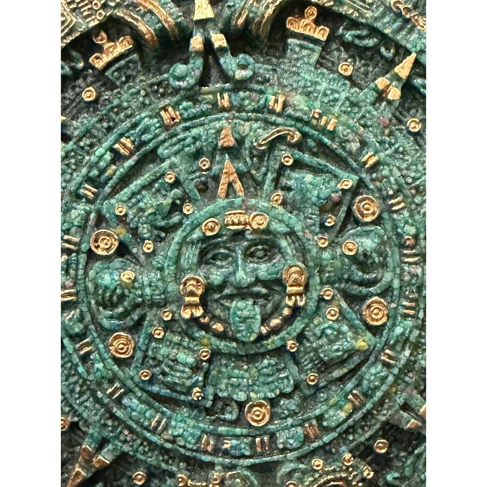 Aztec Sun Stone Wall Plaque Large Green Gold  Calendar Wall